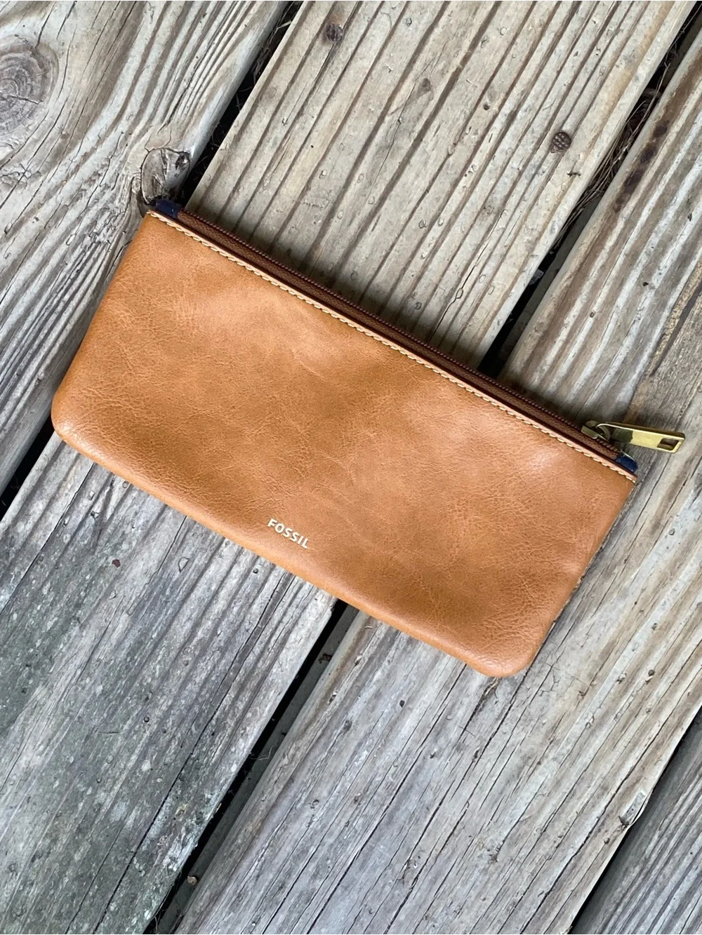 FOSSIL- Leather Zip Pouch - Tan with Turquoise and Navy Accents